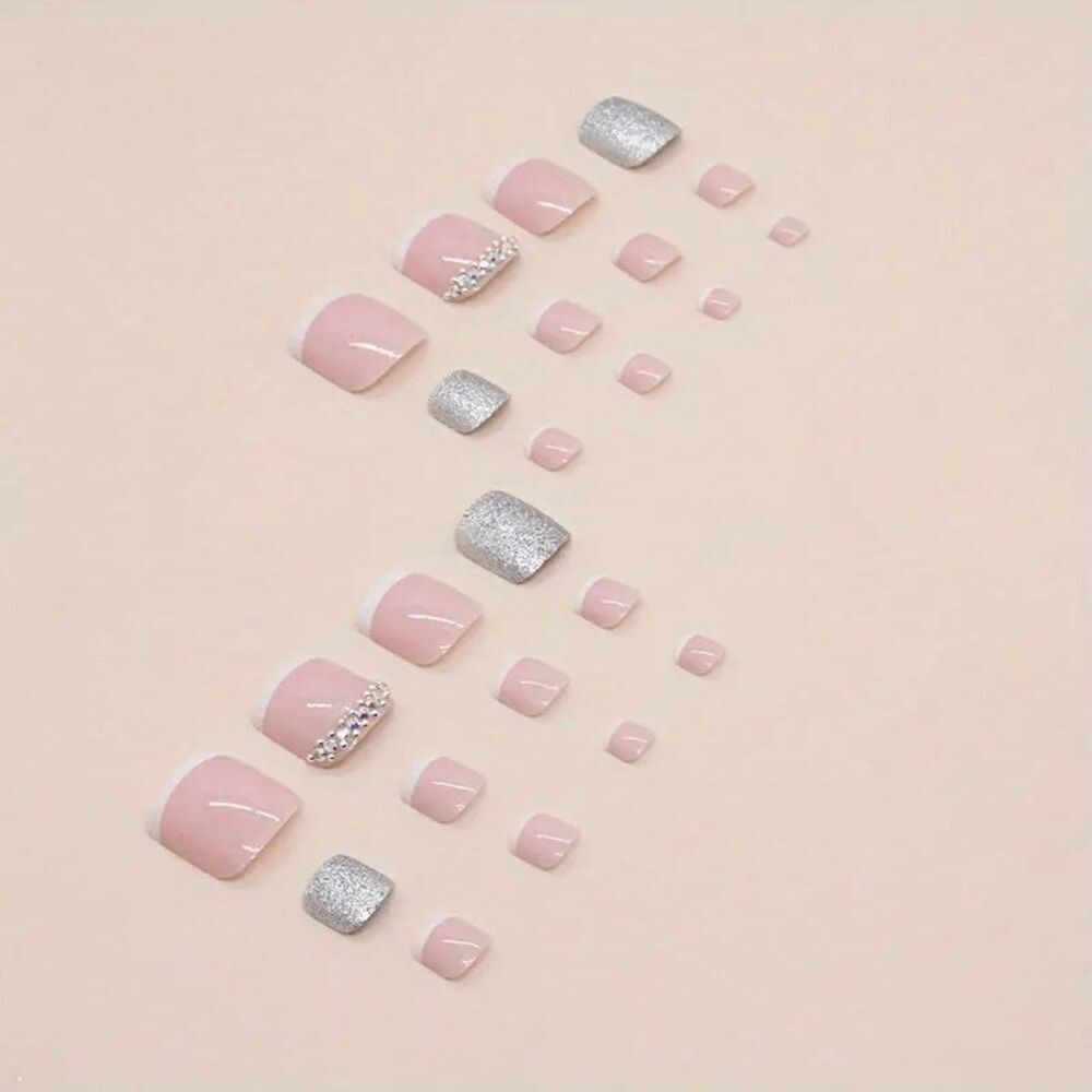 French Manicure Diamond Press On Toenails - Picture 4 of 4